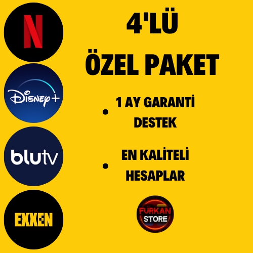  DÖRTLÜ PREMİUM PAKET Netflix - Disney Plus+ - BluTv - Exxen